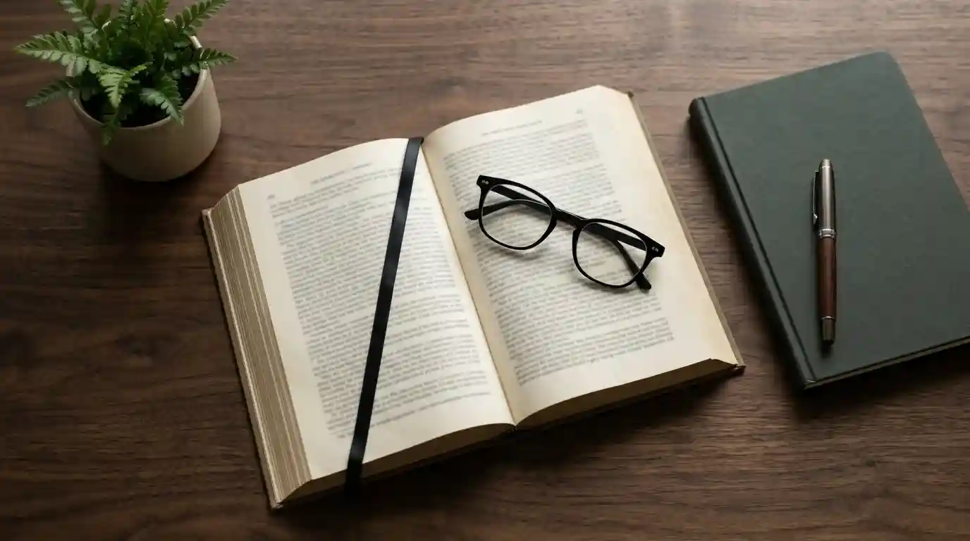 Aufgeschlagenes Regelwerk mit Brille und Notizblock zum Glücksspielstaatsvertrag