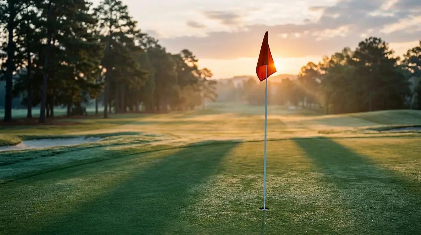 Goldene Morgensonne über einem Golfplatz mit Fahne auf dem Grün vor einem Turnier