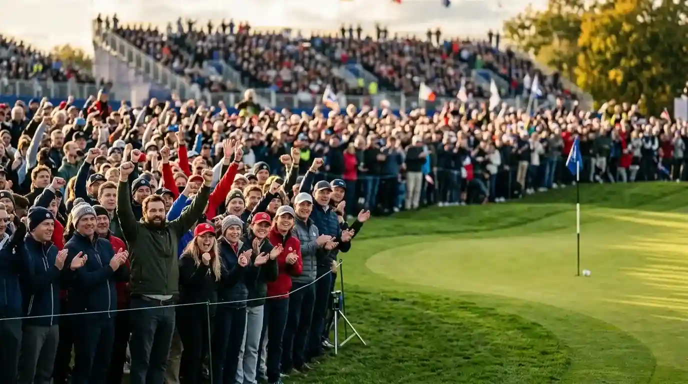 Begeisterte Zuschauermenge am 18. Loch eines Ryder-Cup-Turniers in Bethpage