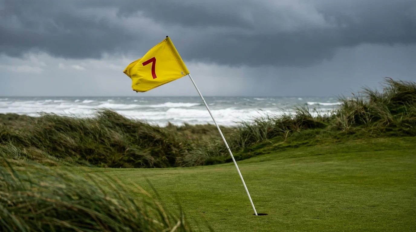 Wehende Golffahne im Wind auf einem Linksgolfplatz an der Küste